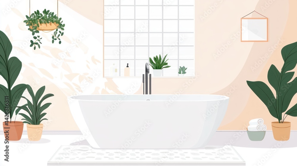 Fototapeta premium Modern spa-like bathroom with a freestanding tub and plants