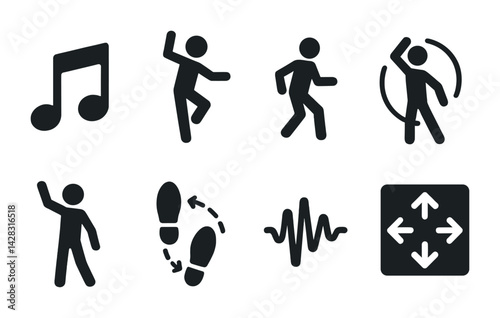 Fitness and dance silhouette icons set – solid style workout, choreography, and movement symbols for exercise guides: music note, dancing figures, footsteps, heartbeat, arrows.
