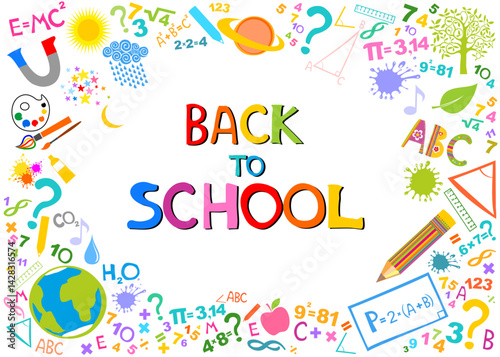 Welcome Back to school vector banner design with colorful education items and space for text in a background. Design element for the design of leaflets, cards, envelopes, covers, flyers sales. 