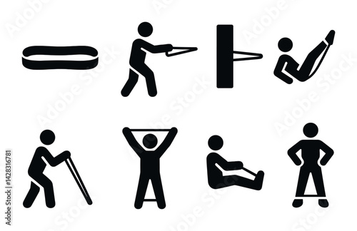 Resistance band workout silhouette icon set – solid style fitness, exercise, and training symbols for gym planning: stretching, pulling, core, push-up, squat, lunges, rehab.
