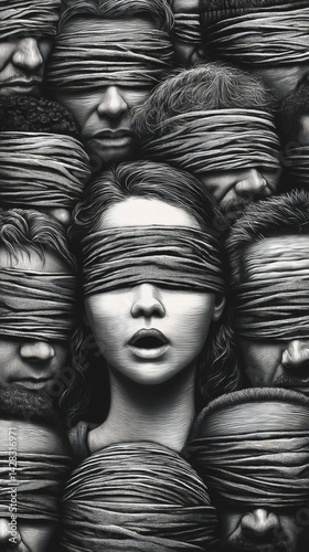 Black and white illustration of a crowd of blindfolded people surrounding a screaming woman with a blindfold