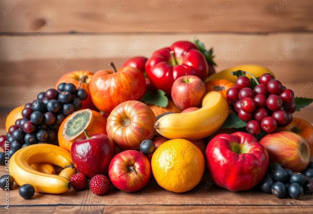 A vibrant still life of assorted ripe fruit on a wooden table, vitamin, nature A vibrant still life of assorted ripe fruit on a wooden table, vitamin, nature