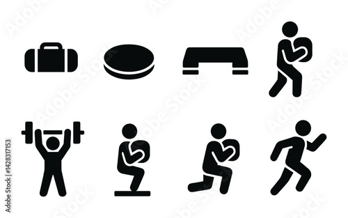 Fitness and exercise silhouette icons set – solid style workout, gym equipment, and training symbols for health enthusiasts: dumbbell, weight plate, step platform, kettlebell, squat pose, running.