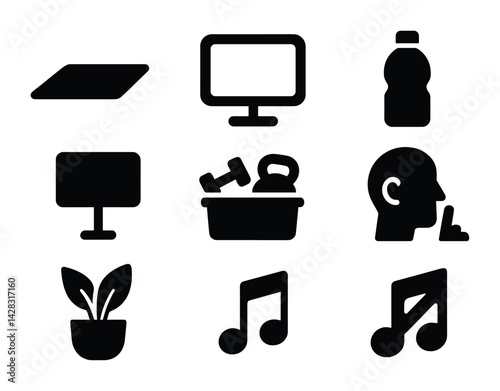 Fitness and wellness silhouette icons set – solid style health, exercise, and lifestyle symbols for active living: yoga mat, computer screen, water bottle, plant, headphones, dumbbells.