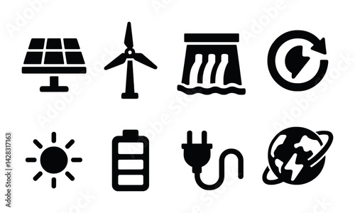 Sustainable energy icons set – solid style renewable, eco-friendly, and environmental symbols for green initiatives: solar panel, wind turbine, hydroelectric dam, recycling, sun, battery, electric