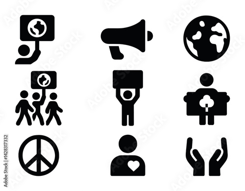 Activism and advocacy solid icons set – filled style protest, social justice, and change symbols for awareness campaigns: protester, megaphone, globe, protest sign, peace symbol, heart, raised hands,