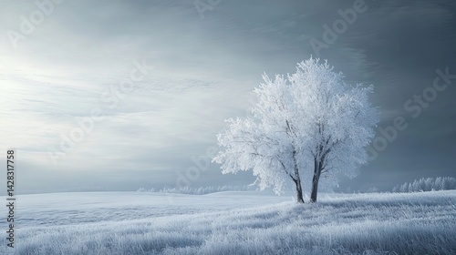 Serene winter landscape with frosty trees and snowy field sky art icy cold blue calm view white image