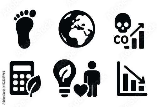 Eco-friendly silhouette icons set – solid style environment, sustainability, and green technology symbols: footprint, globe, co2 graph, calculator, light bulb, person, chart.