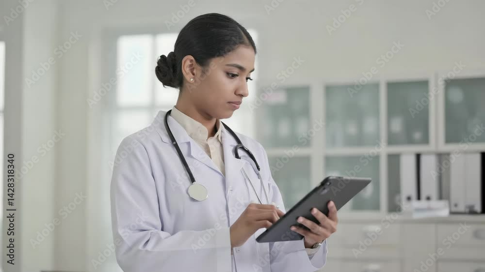 Focused Doctor in Medical Examination Room: A skilled doctor reviews patient data on a digital tablet, embodying professionalism and precision in a bright, modern medical office setting. Focused Doctor in Medical Examination Room: A skilled doctor reviews patient data on a digital tablet, embodying professionalism and precision in a bright, modern medical office setting.