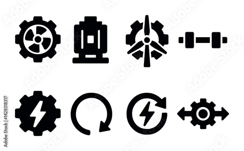 Industrial machine silhouette icon set - solid style manufacturing, engineering, and machinery for industrial design: fan, motor, propeller, dumbbell, gear, lightning, arrow