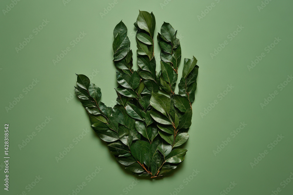 Eco Hand Made of Green Leaves on Natural Background – Symbol of Environmental Protection and Sustainability