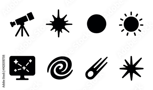 Space and astronomy silhouette icons set - solid style universe, celestial objects, and stargazing symbols for science enthusiasts: telescope, starburst, planet, sun, constellation, galaxy, comet,