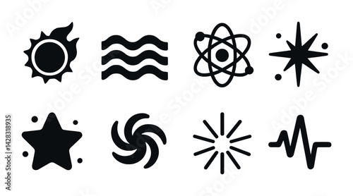 Science and energy silhouette icons set – solid style symbols of physics, chemistry, and technology for educational materials: sun, waves, atom, star, galaxy, pulse, spark.