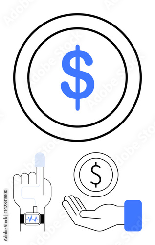 Coin symbol, smartwatch with pulse detection, hand with coin gesture. Ideal for fintech, payment, innovation, technology, smart devices, health monitoring simple landing page