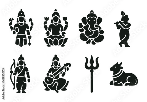 Hindu deities silhouette icon set - religious symbols for cultural and spiritual design: shiva, saraswati, ganesha, krishna, ram, durga, trishul, nandi