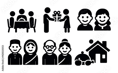 Community and family silhouette icons set - solid style symbols for social communication and connection: family dinner, gift exchange, smiling faces, couples, home, festive meal