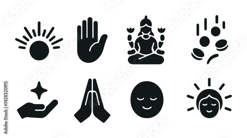 Mindfulness and meditation solid icons set – silhouette style relaxation, spirituality, and zen symbols for wellness: sunburst, hand, lotus position, chakra, meditating face.