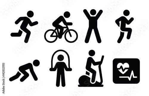 Fitness and exercise solid icons set – silhouette style for health, workout, and cardio enthusiasts: running, cycling, yoga, stretching, skipping rope, elliptical, heart monitor.