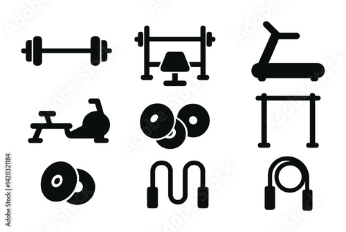 Home gym equipment filled icons set – fitness, workout, and exercise symbols in solid style: dumbbell, bench press, treadmill, exercise bike, weight plate, jump rope, squat rack