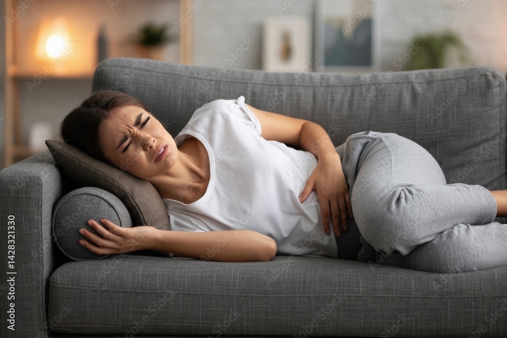Shot of a young woman experiencing stomach pain while lying on the sofa at home. Attractive young woman lying down on her bed and suffering from period pains at home