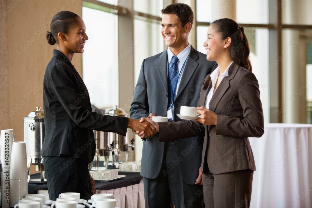 Business people greet each other during a coffee break at a conference