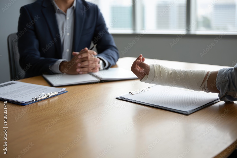 cropped view of worker with broken arm siting at table with documents opposite businessman in office, compensation concept