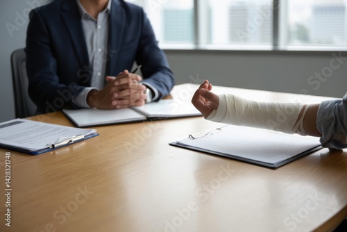Obraz na płótnie cropped view of worker with broken arm siting at table with documents opposite businessman in office, compensation concept w salonie