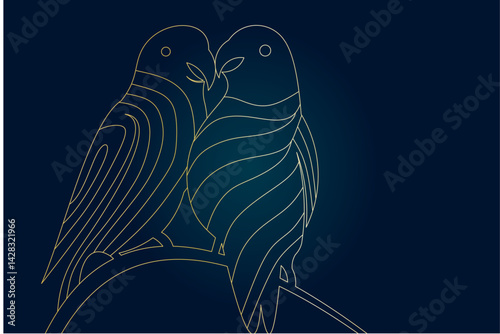 Vector gold lines on bird courtship pattern, elegant luxury minimalist animal design background, bird animal banner