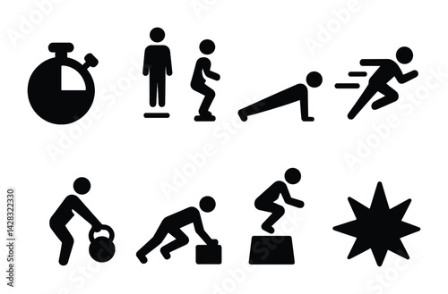 Fitness and exercise silhouette icon set - flat style workout, training, and health symbols for active lifestyle: stopwatch, push-up, jump, run, kettlebell, box jump, star.