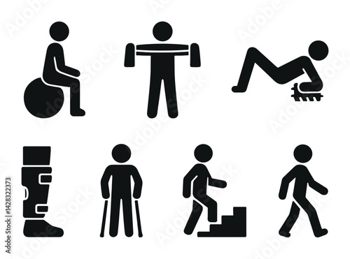 Physical therapy and rehabilitation solid icons set – silhouette style exercise, recovery, and mobility symbols for health improvement: therapy ball, crutches, knee brace, walking, stretching, step
