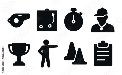Sports coaching solid icons set – filled style training, fitness, and strategy symbols for athletic guidance: whistle, tactics board, stopwatch, coach, trophy, trainer, cones, clipboard.