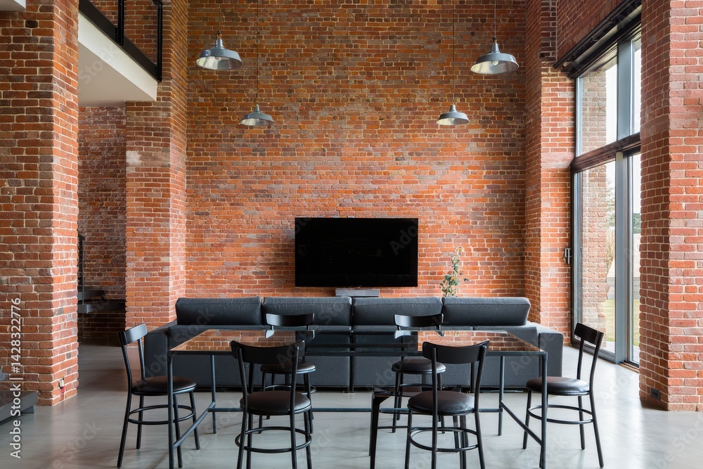 Industrial Style Living Room With Sofa, Dining Table, Chairs, Television Set And Brick Wall