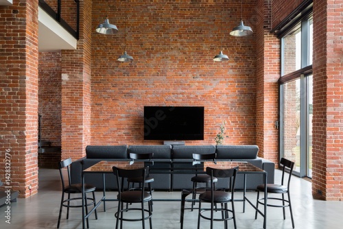 Obraz na płótnie Industrial Style Living Room With Sofa, Dining Table, Chairs, Television Set And Brick Wall w salonie