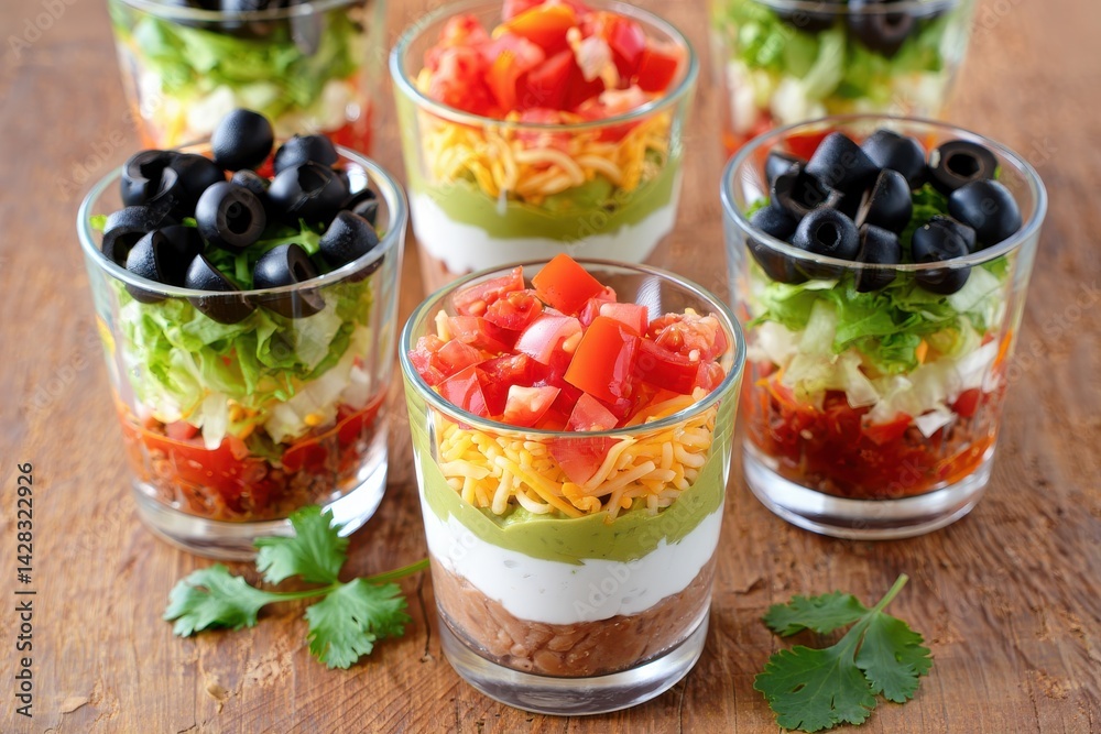 Seven layer dip in individual cups, mexican appetizer