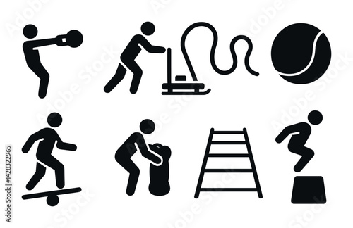Fitness and activity silhouette icons set – solid style sports, exercise, and health symbols for personal training: kettlebell, vacuuming, tennis ball, balance board, punching bag, ladder, box jump.