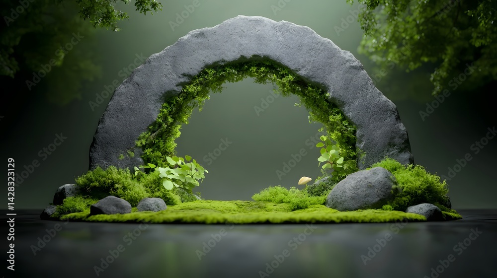 Fototapeta premium A serene forest alcove with a towering stone arch enveloped in verdant vegetation