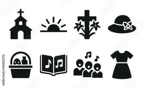 Easter celebration solid icons set – filled style symbols for festive holiday and spring traditions: church, sunrise, cross, bonnet, basket, hymnal, choir, dress.