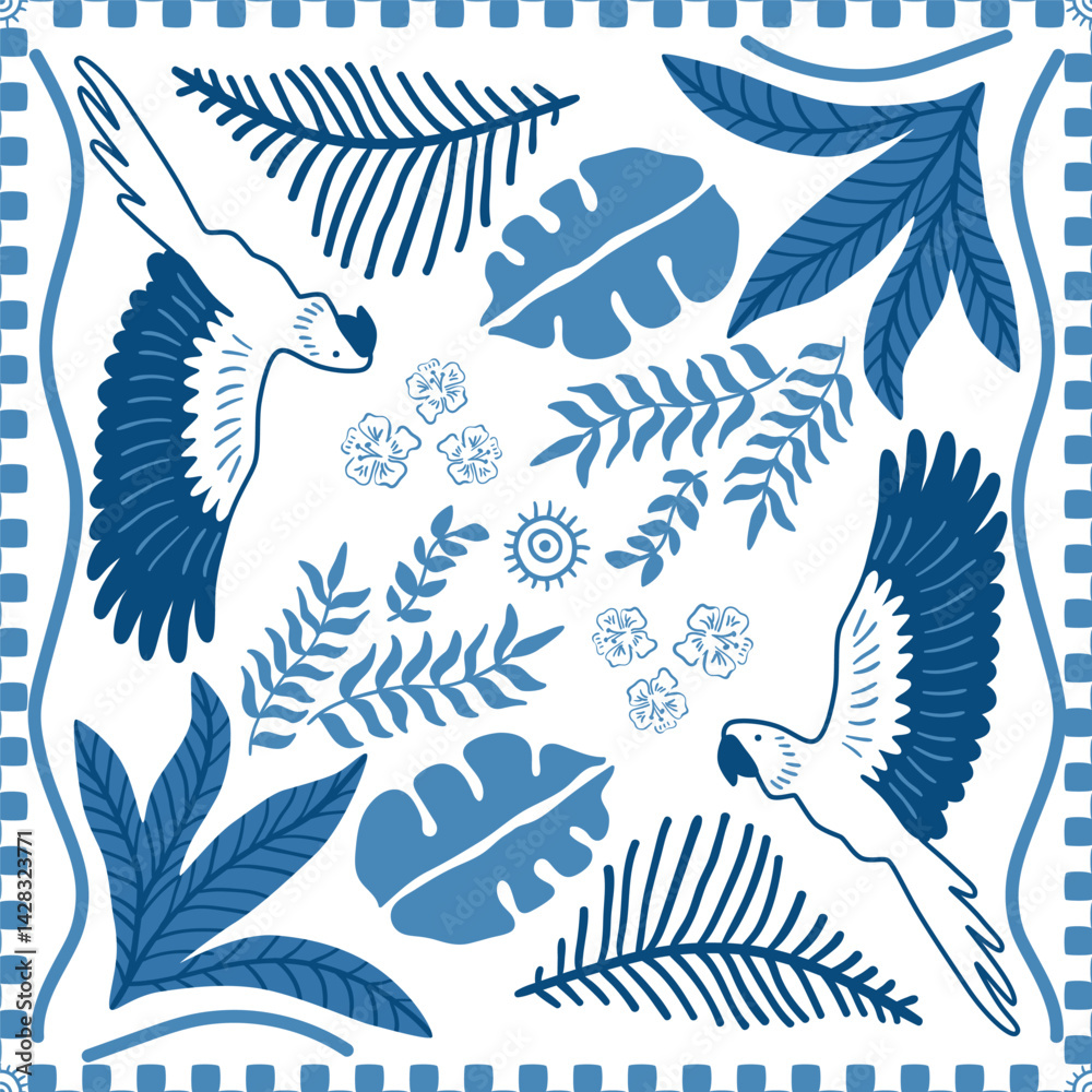 Blue tropical tile, scarf, square seamless pattern with palm leaves, parrot, flowers, geometric check ornament, jungle elements, summer vacation print. Cute vector background, textile design, print.