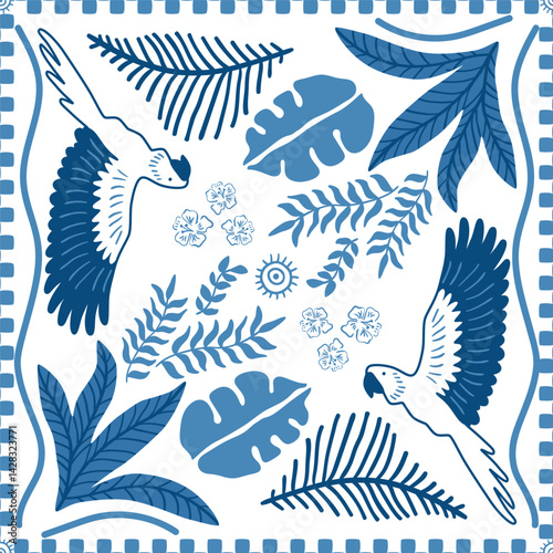 Obraz na płótnie Blue tropical tile, scarf, square seamless pattern with palm leaves, parrot, flowers, geometric check ornament, jungle elements, summer vacation print. Cute vector background, textile design, print. w salonie