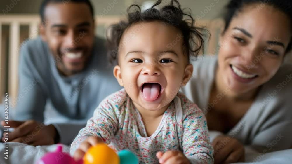 A joyful mixed-race baby plays with parents in cozy bedroom A joyful mixed-race baby plays with parents in cozy bedroom