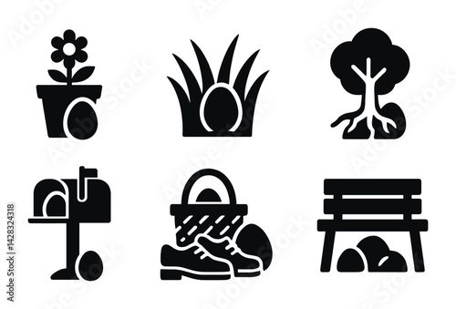 Easter egg hunt solid icons set – silhouette style spring, festive, and holiday symbols for celebration: flower pot, grass, tree, mailbox, basket, shoes, park bench.