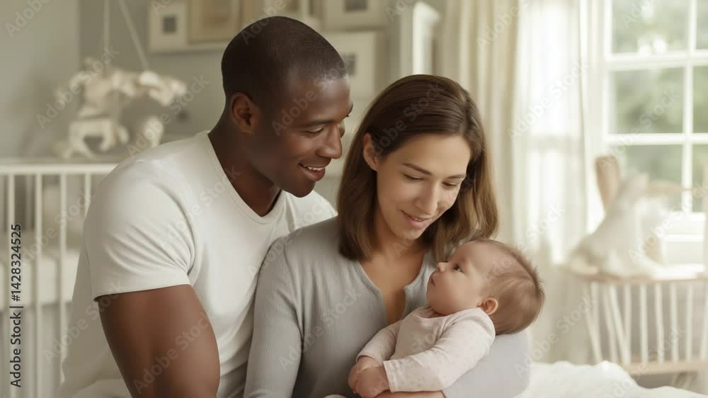 A joyful mixed-race family bonding in a sunlit bedroom with baby A joyful mixed-race family bonding in a sunlit bedroom with baby