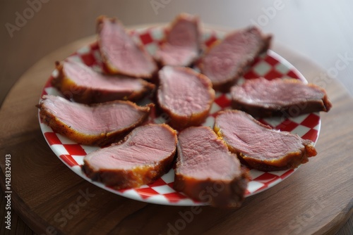 Cut pieces of baked meat on the table