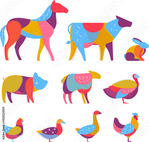 Cow, horse, sheep, rabbit, pig, chicken, rooster, duck, goose, turkey. Farm animals and birds silhouette in modern fashion pop art style. Colorful creative character design. Vivid vector illustration.