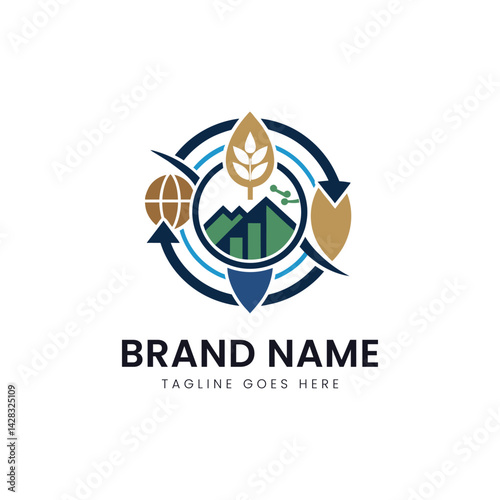A modern logo design featuring symbols of sustainability, growth, and innovation, encapsulated in a circular motif with vibrant colors.