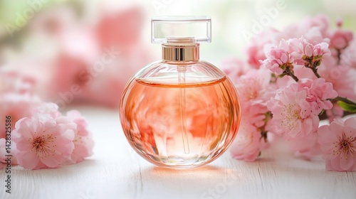 A perfume bottle surrounded by pink flowers, creating a serene and elegant atmosphere.