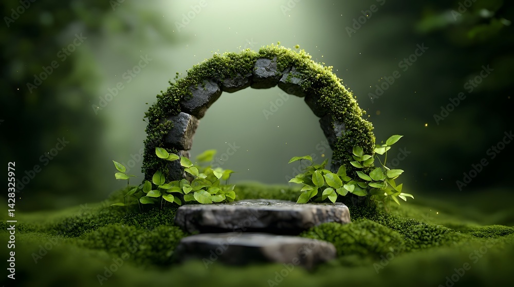 Fototapeta premium A verdant forest archway blanketed in moss and vines