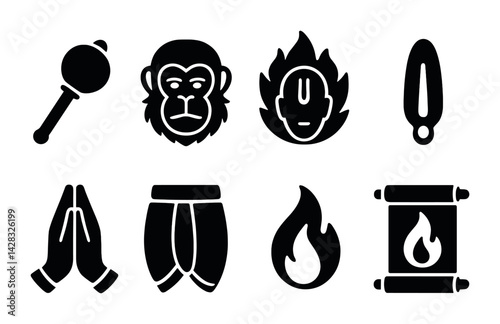 Hindu mythology solid icons set – filled style cultural, spiritual, and traditional symbols: hanuman, shiva, om, trishula, praying hands, dhoti, fire, scroll.