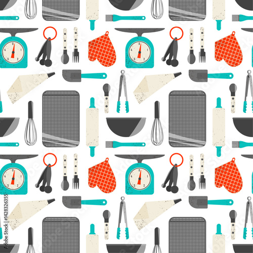 Seamless background with cute kitchen utensils. 