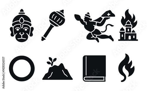 Indian mythology solid icon set – silhouette style hindu culture, deities, and ancient symbols for storytelling: hanuman, mace, temple, om, mountain, book, flame.